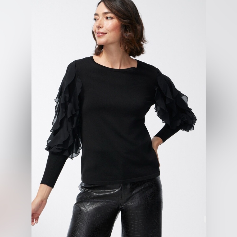 Chico's Women's Spun Rayon Black Ruffle Sleeve Sweater in‎ Black Size Medium